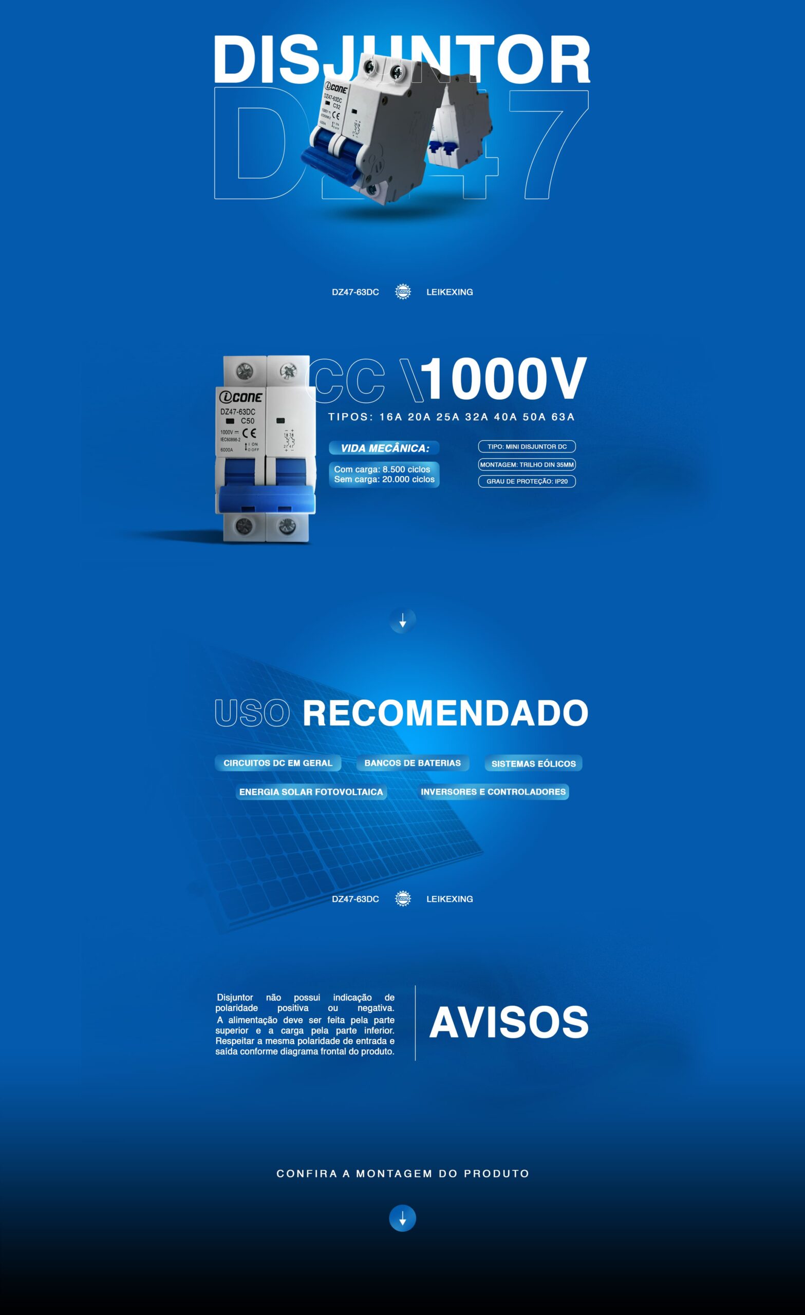 Disjuntor Bipolar LKX  50A 1000V  – Corrente Contínua – DZ47-63DC