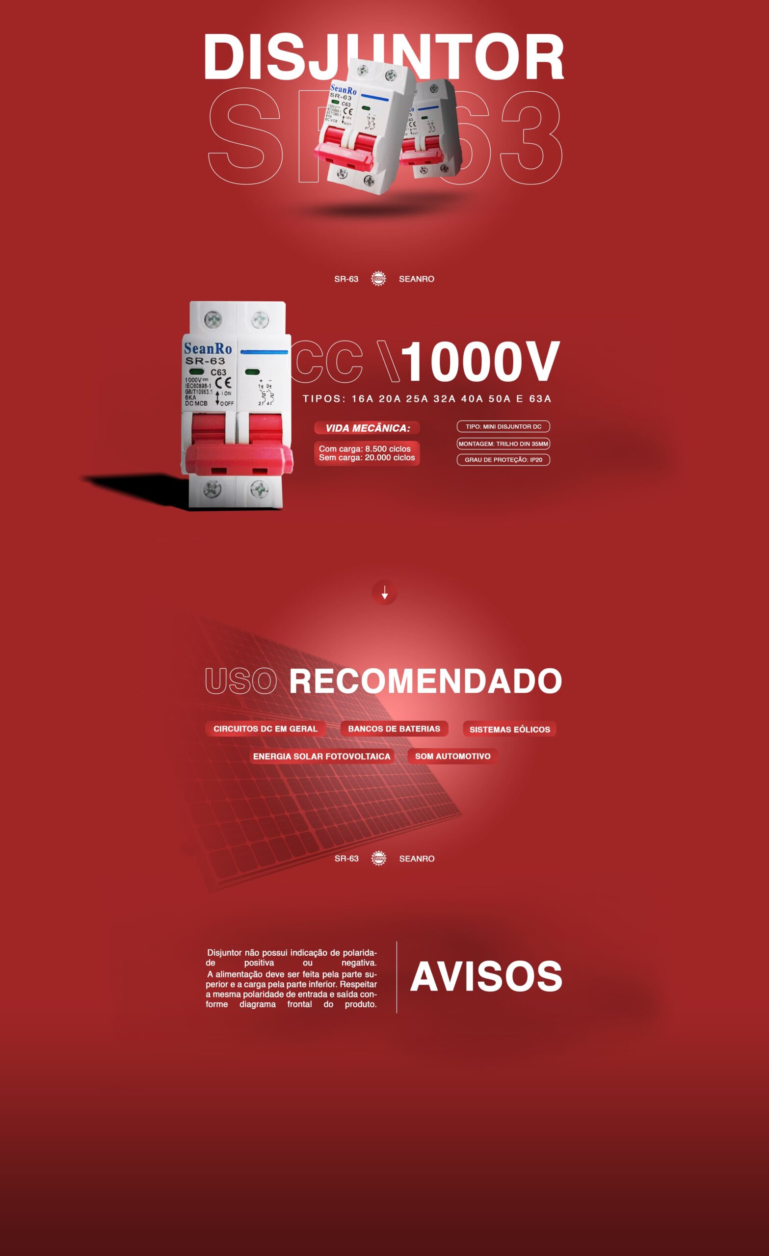 Disjuntor Bipolar SR 50A 1000V  – Corrente Contínua – SR-63