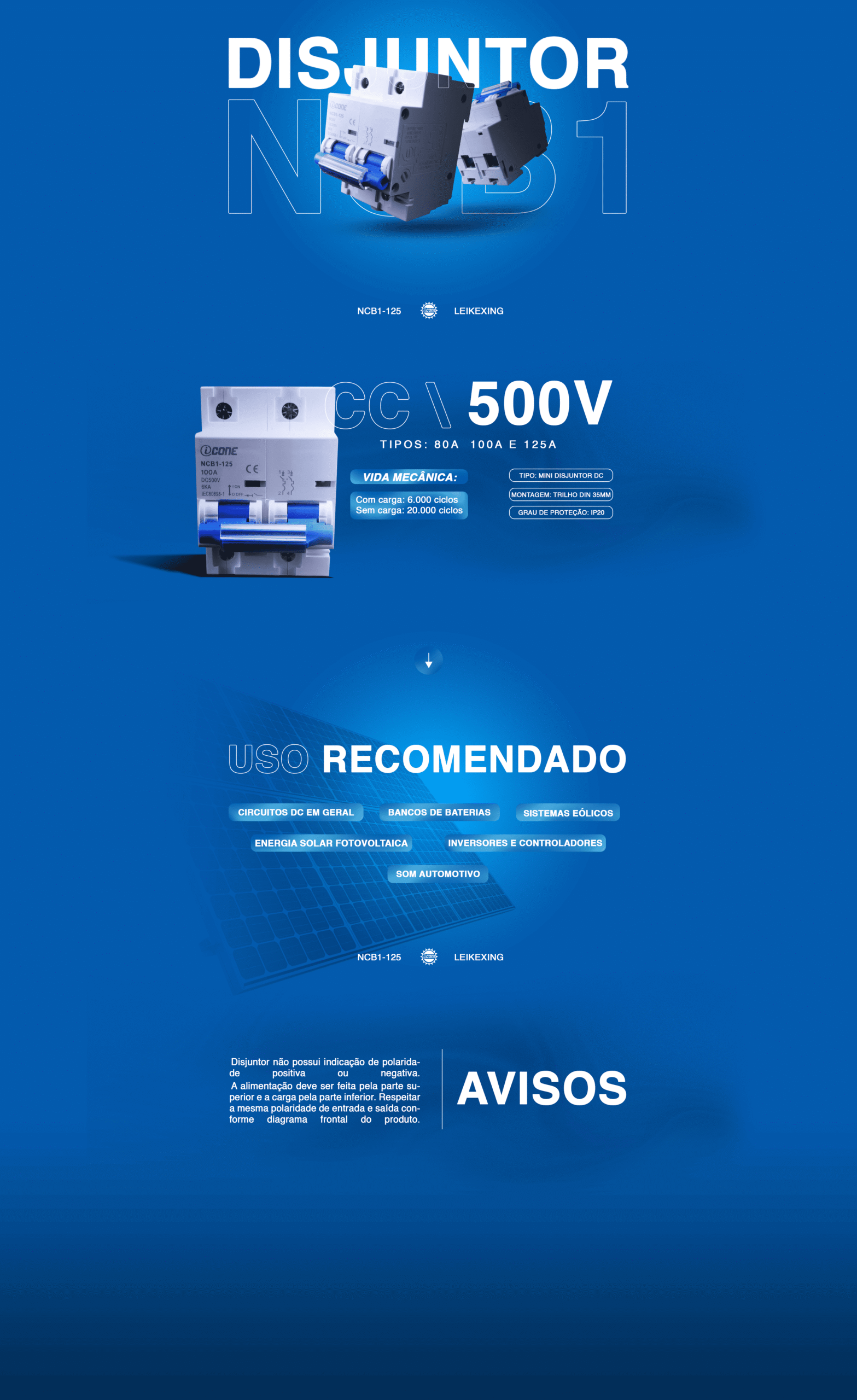Disjuntor Bipolar LKX 100A 500V – Corrente Contínua – NCB1-125