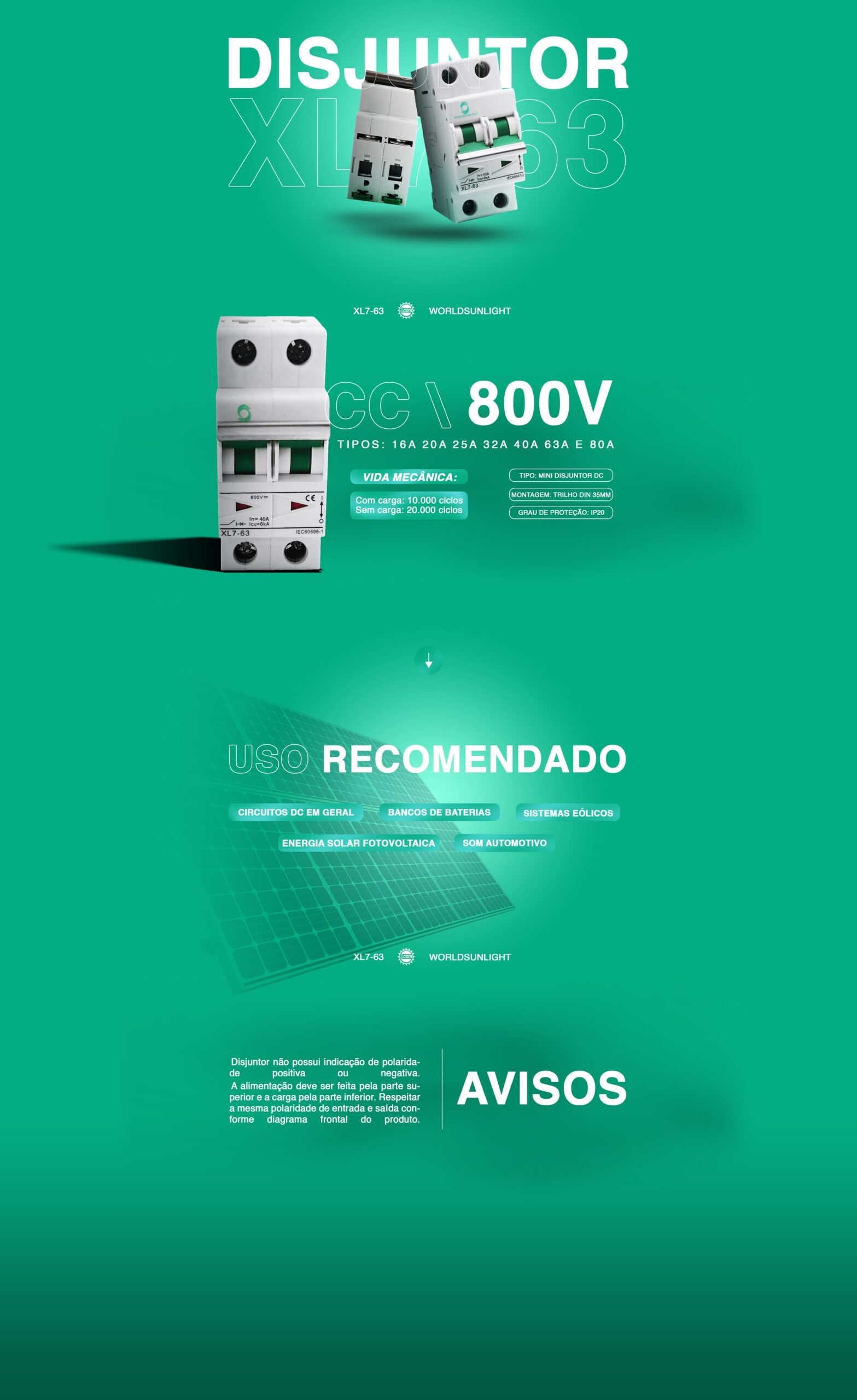 Disjuntor Bipolar WSL 32A 800V – Corrente Contínua – XL7-63