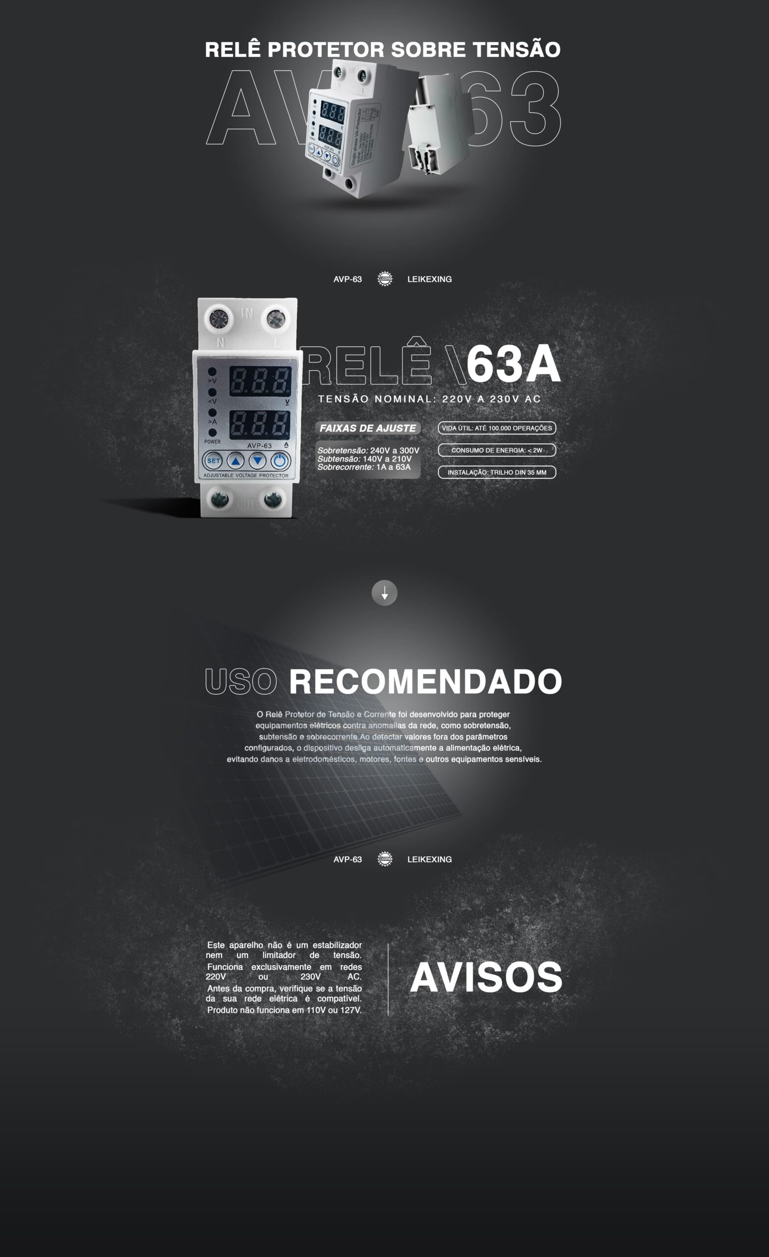 Relê Protetor Sobre Tensão / Corrente Ajustável 63A 230V 2P – AVP-63 LKX