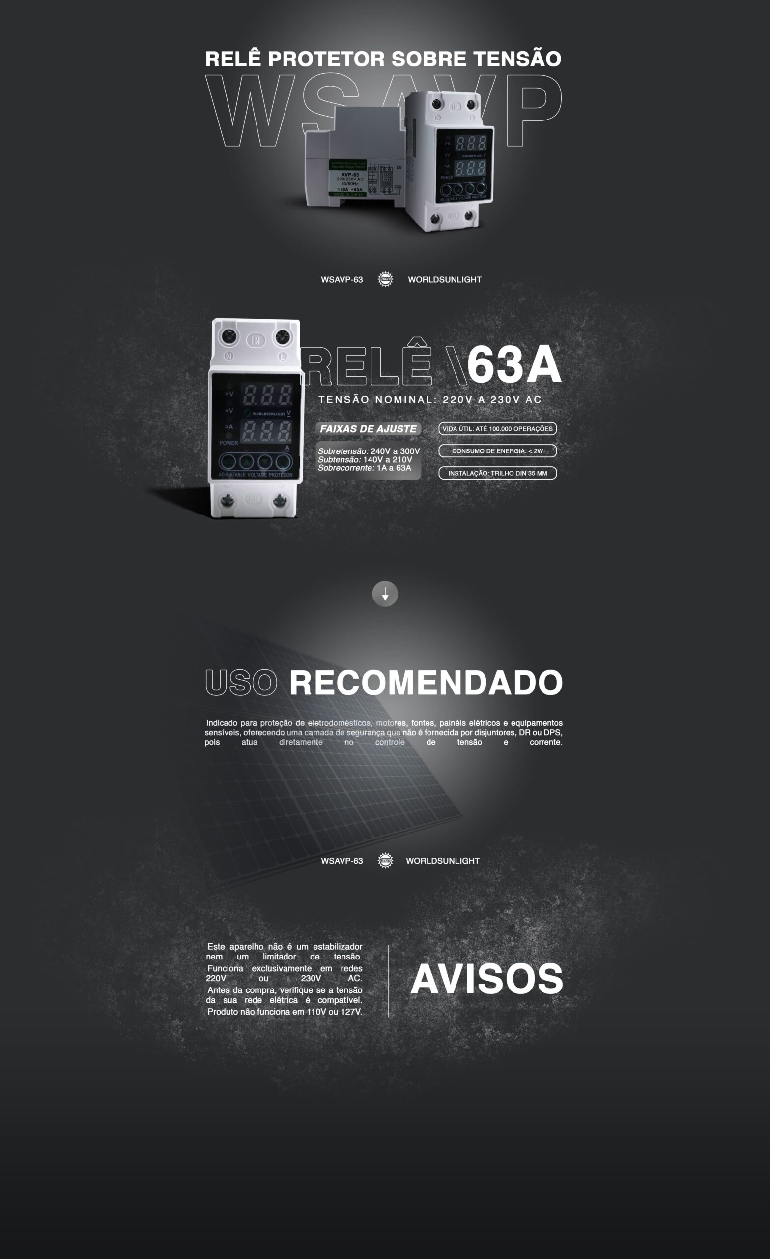 Relê Protetor Sobre Tensão / Corrente Ajustável 63A 230V 2P – WSAVP-63 WSL